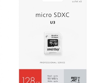 Карта памяти MicroSDHC SmartBuy 128GB cl10 PRO U3 R/W90/70 MB/s + SD, SB128GBSDCL10U3-01