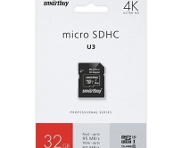 Карта памяти MicroSDHC SmartBuy, 32GB cl10 PRO U3 R/W:95/60 MB/s + SD
